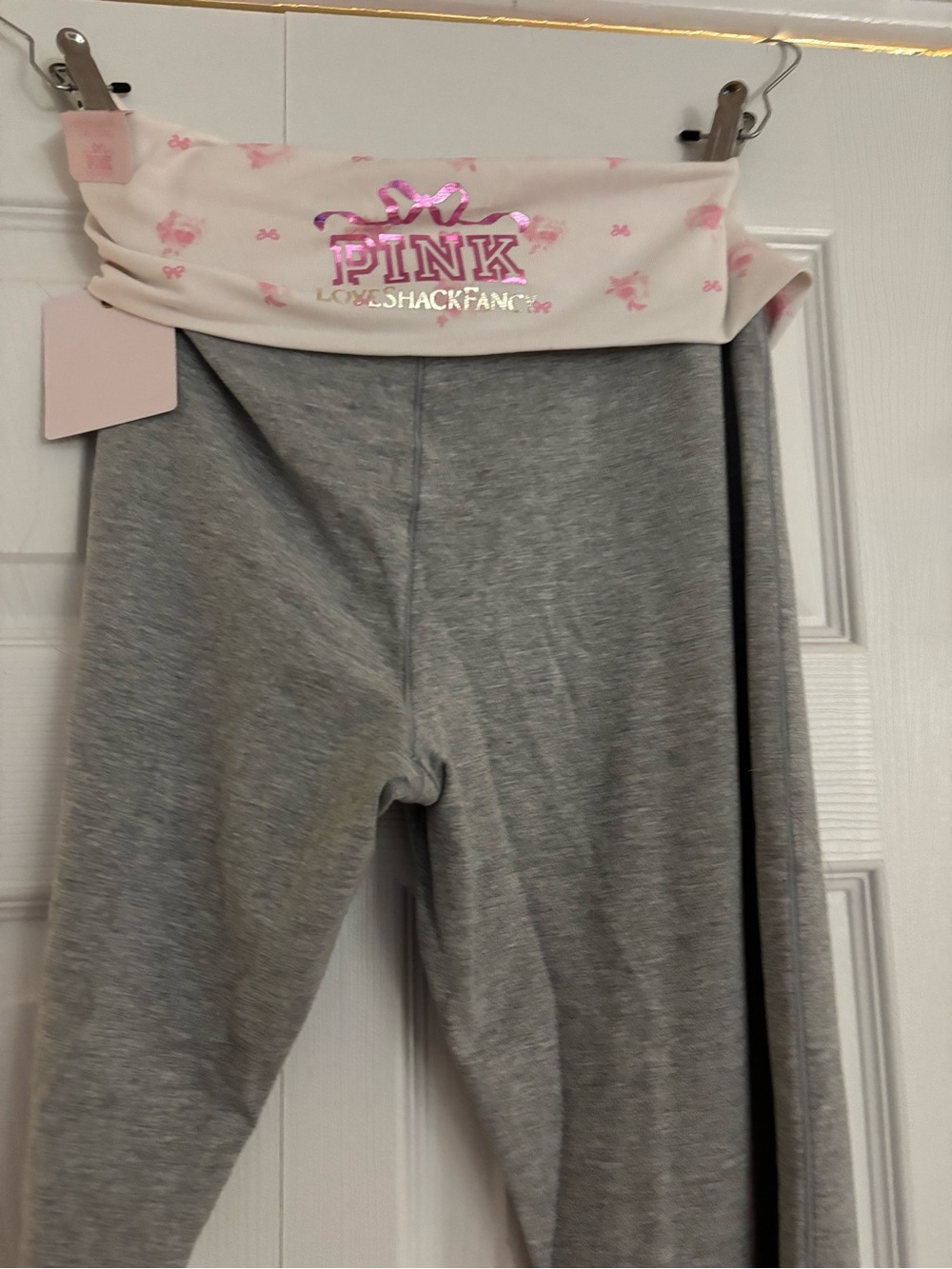 PINK Victoria's Secret LoveShackFancy Gray Leggings with Pink Fold-Over Waist - Picture 1 of 3